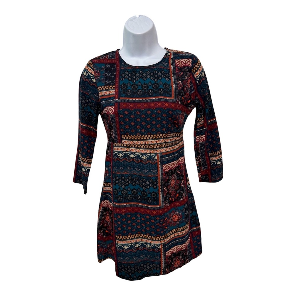 Abercrombie & Fitch Boho Patchwork Mini Dress XS Long Sleeve Keyhole Back Multi
